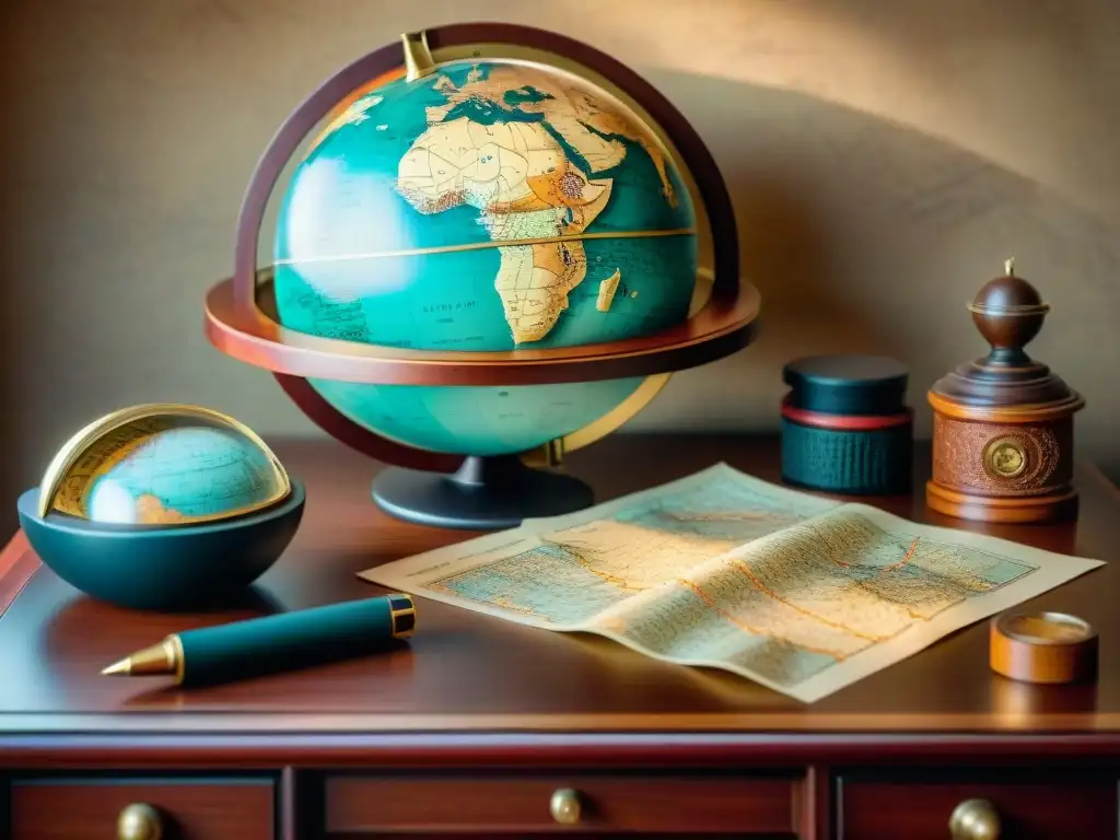 Un escritorio de cartógrafo antiguo en sepia con globo terráqueo, mapas, brújula y lupa