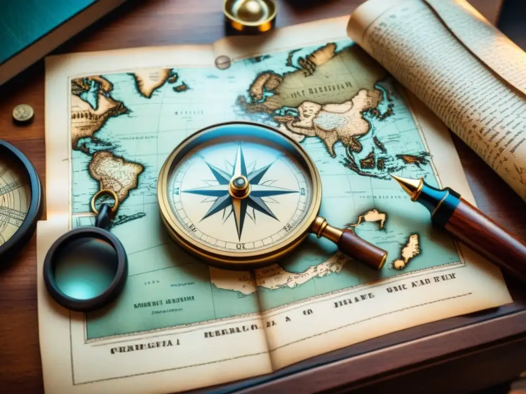 Escritorio de cartógrafo vintage detallado con brújula, mapas antiguos y pluma, capturando la evolución cartografía mapas digitales
