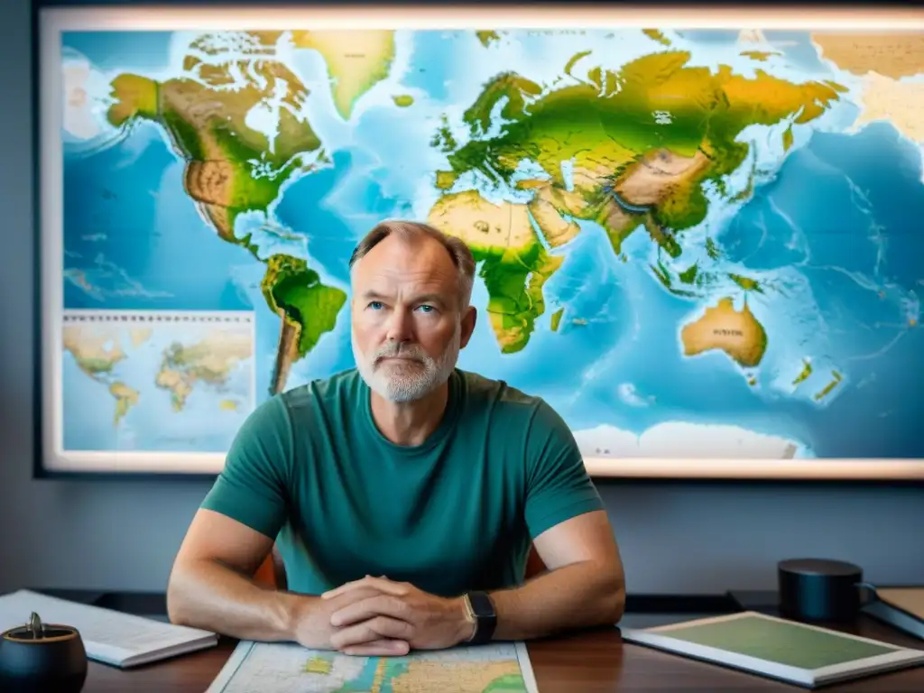 Tim BernersLee en su escritorio rodeado de mapas y herramientas, reflejando su papel en la evolución de la cartografía digital