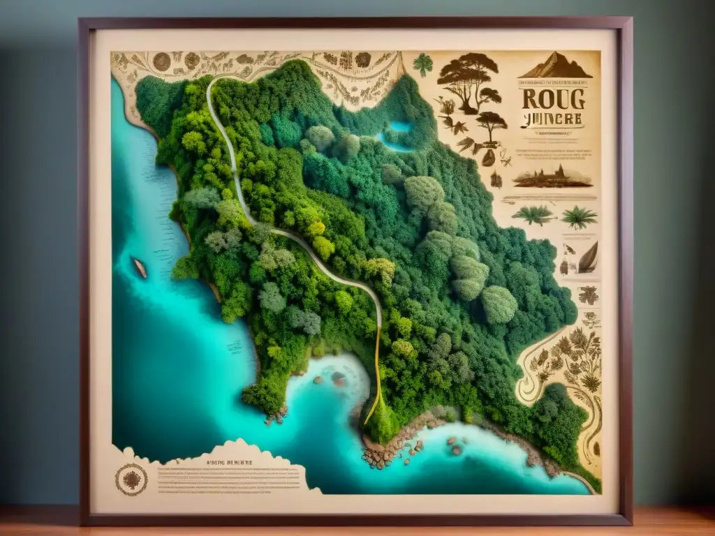 Interpretación de cartografía indígena sin escritura en un mapa de jungla antiguo y misterioso en tonos sepia