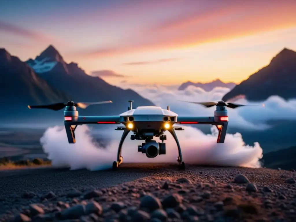 Escuadrón de drones militares despegando al amanecer sobre terreno montañoso