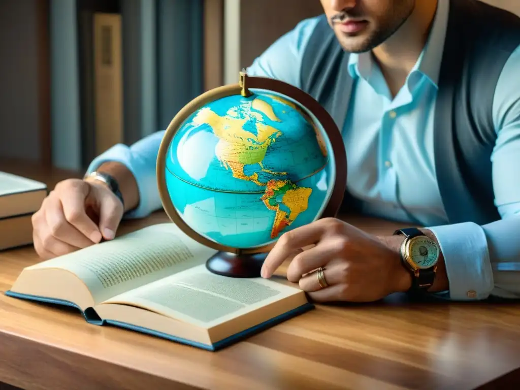 Estudiante concentrado con libros y mapas GIS en escritorio de madera, globo terráqueo vintage al fondo y lupa sobre mapa topográfico