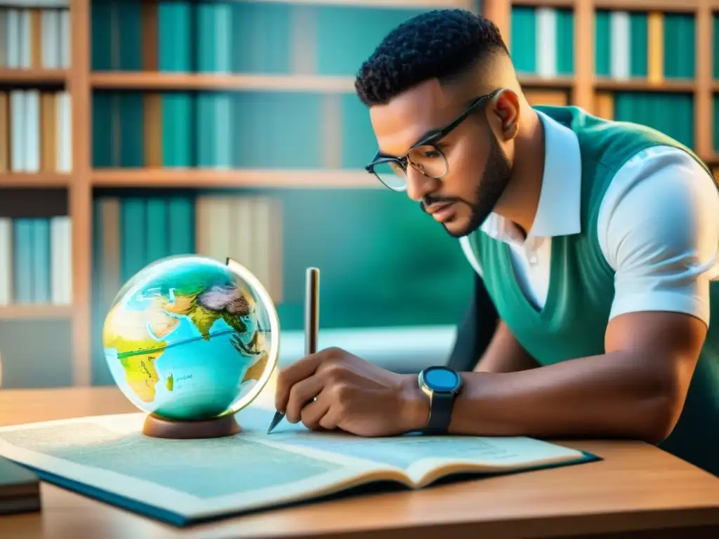 Estudiante concentrado preparando la certificación SIG, examinando un mapa con lupa entre libros y apuntes