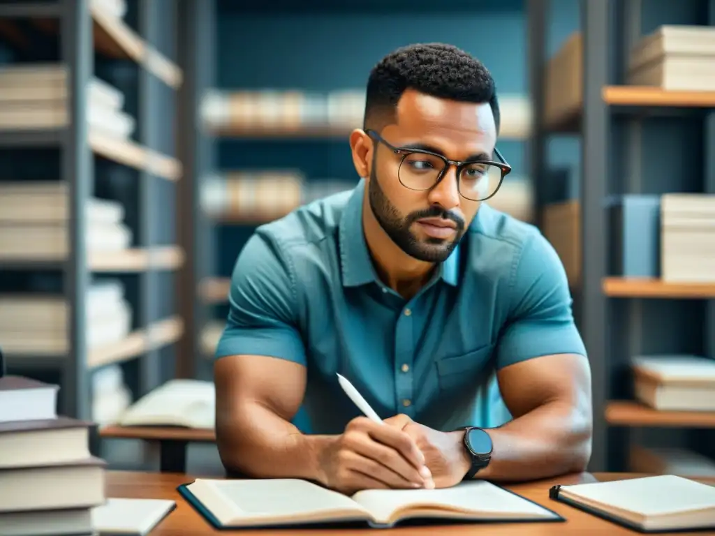 Un estudiante concentrado rodeado de libros y apuntes sobre SIG, evocando preparación meticulosa para evitar errores en la certificación