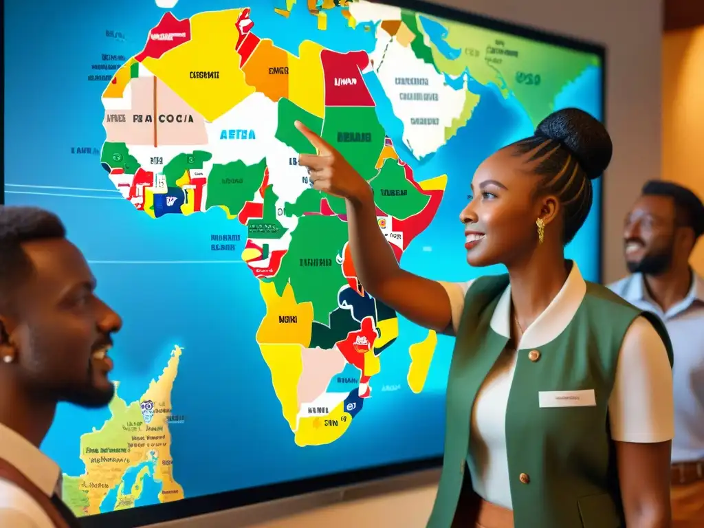 Estudiantes africanos exploran con entusiasmo un detallado mapa de África, resaltando la importancia de la cartografía en la educación africana