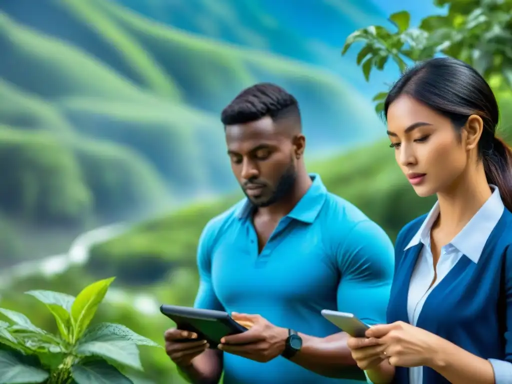 Estudiantes usan Tecnología GIS en educación geográfica al aire libre, colaborando con tablets en un entorno natural