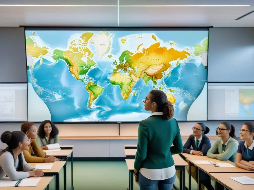 Estudiantes atentos exploran Google Earth en enseñanza cartografía en aula moderna