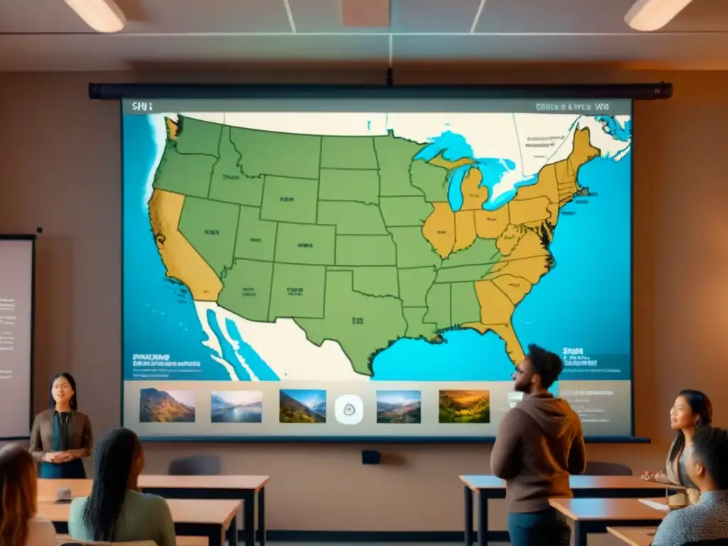 Estudiantes interactúan en aula moderna con mapa interactivo, aprendiendo geografía