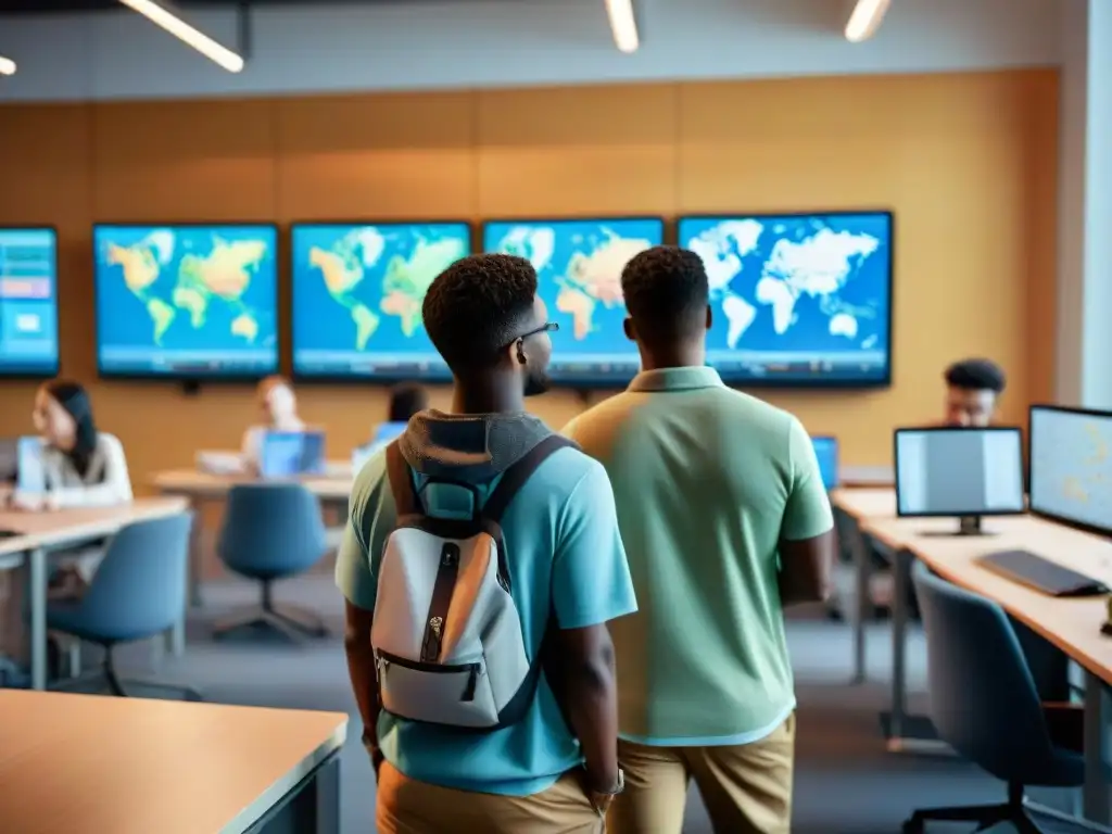 Estudiantes en aula moderna, explorando técnicas cartografía digital evolución con herramientas y tecnología