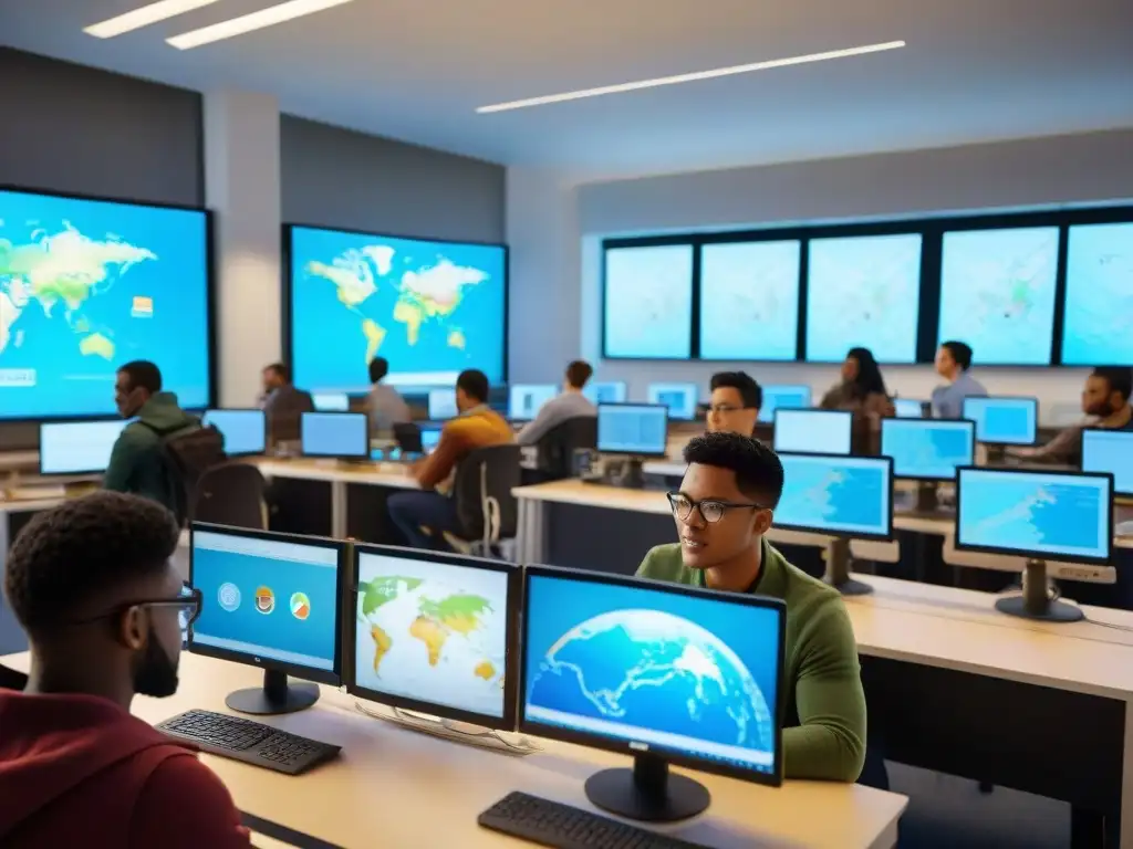 Estudiantes concentrados en aula universitaria con Softwares SIG cartografía evolución