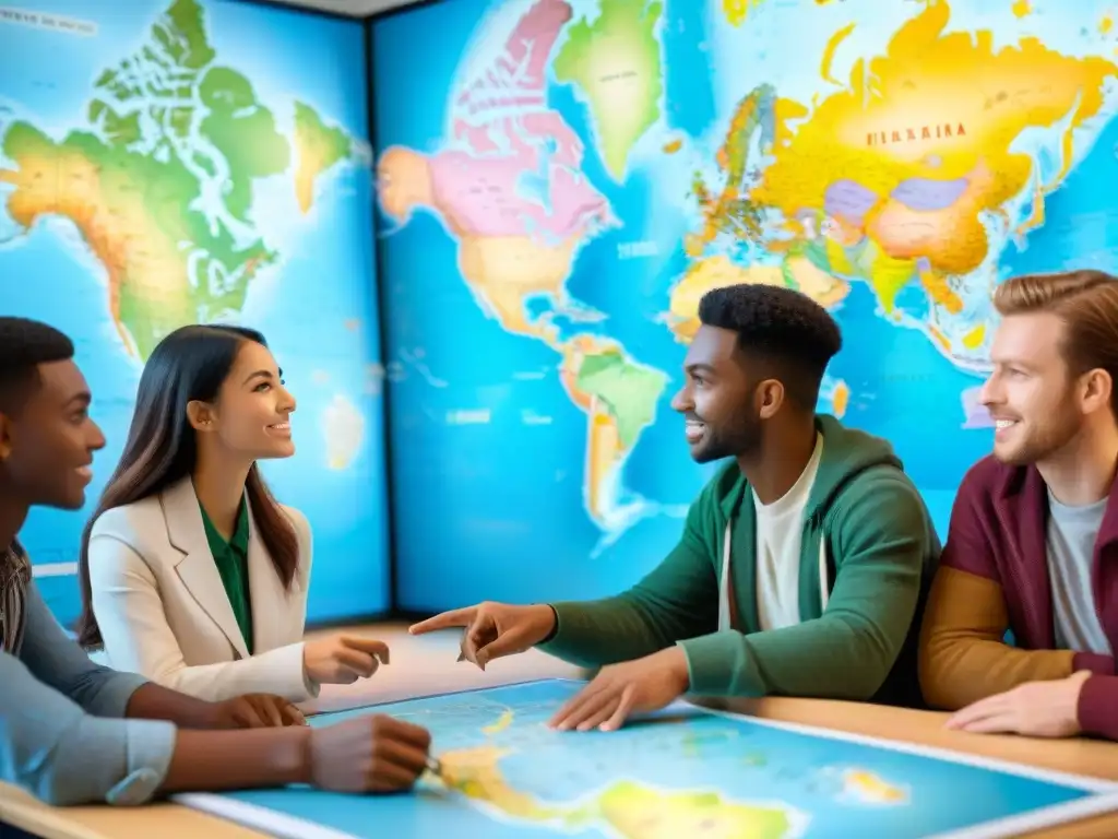 Estudiantes curiosos exploran un mapa interactivo en aula luminosa