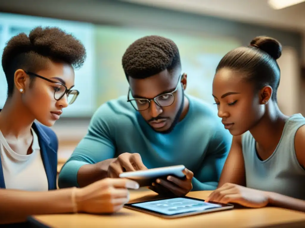 Estudiantes diversos enfocados en sus tabletas, colaborando en ejercicios de mapeo GPS