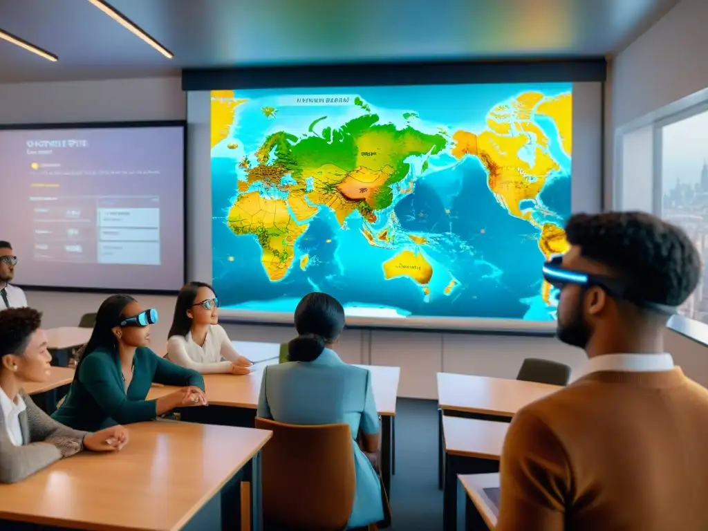 Estudiantes con gafas de realidad aumentada en clase de geografía