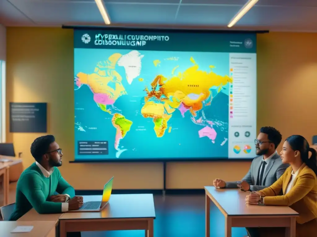 Estudiantes participan en lección de geografía con mapa digital en aula