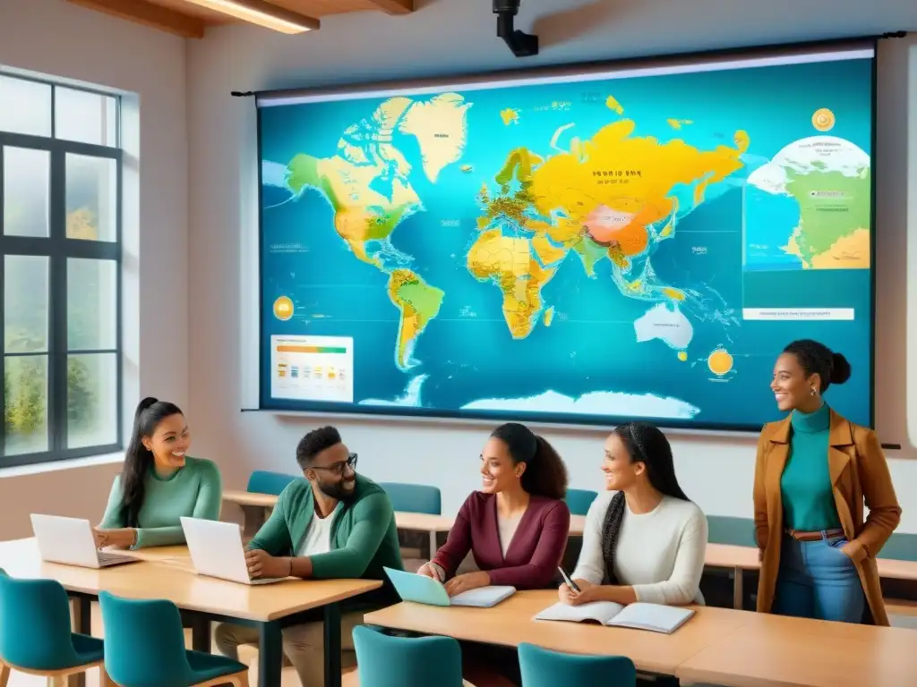 Estudiantes interactuando con un mapa digital interactivo en un aula