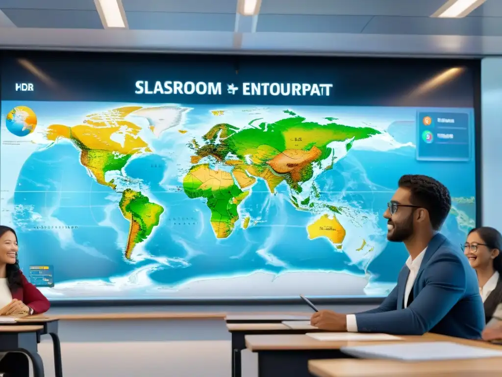 Estudiantes interactúan con mapas interactivos en clase moderna, potenciando la enseñanza de geografía