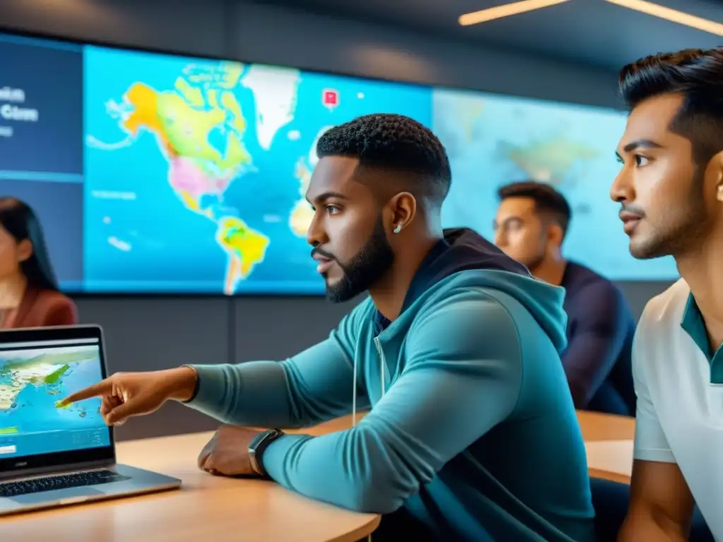 Estudiantes colaborando en proyecto de cartografía digital en aula futurista