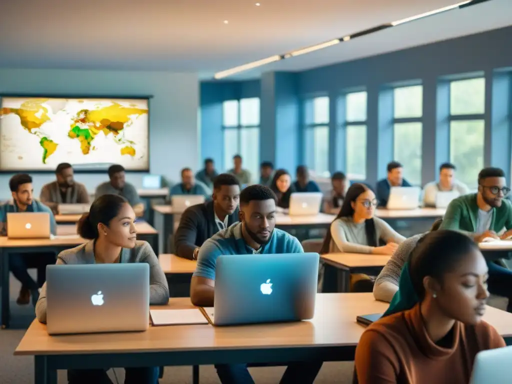 Estudiantes diversos aprenden cartografía del siglo XXI en aula moderna y luminosa