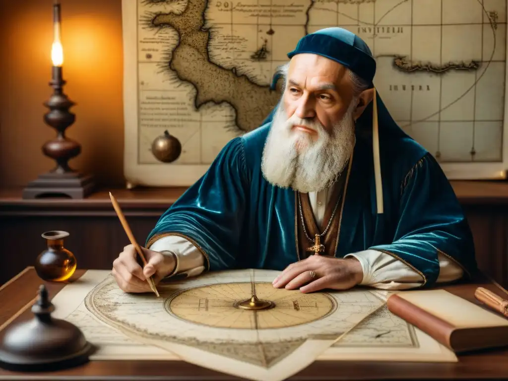 Leonardo da Vinci en estudio cartográfico histórico, concentrado en mapas antiguos