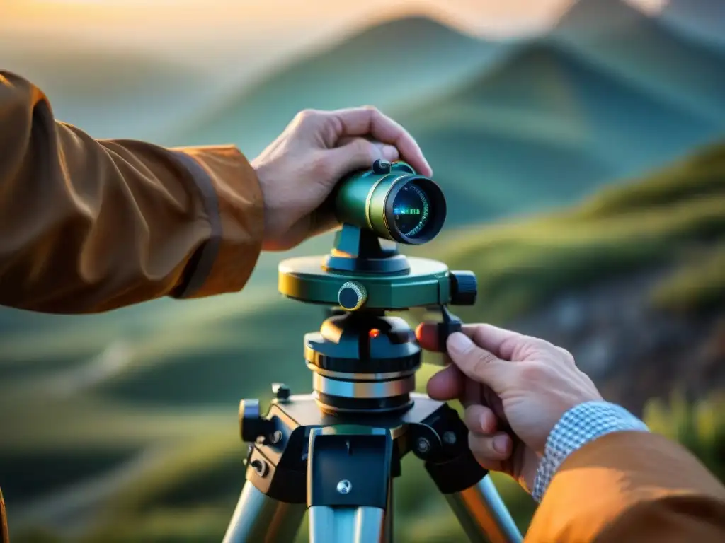 Un experimentado topógrafo ajusta un teodolito sobre un trípode, en un terreno escarpado con un mapa topográfico detallado