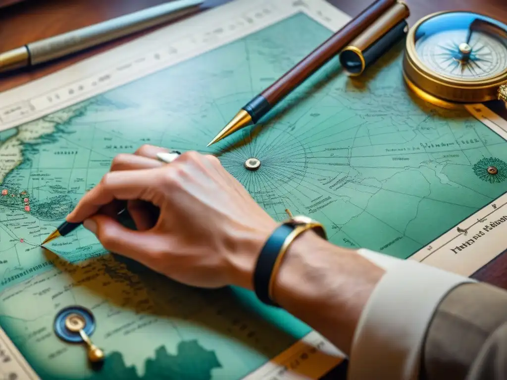 Cartógrafo experto traza mapas detallados con precisión Un experto cartógrafo traza con precisión un mapa antiguo en sepia, rodeado de herramientas de trabajo