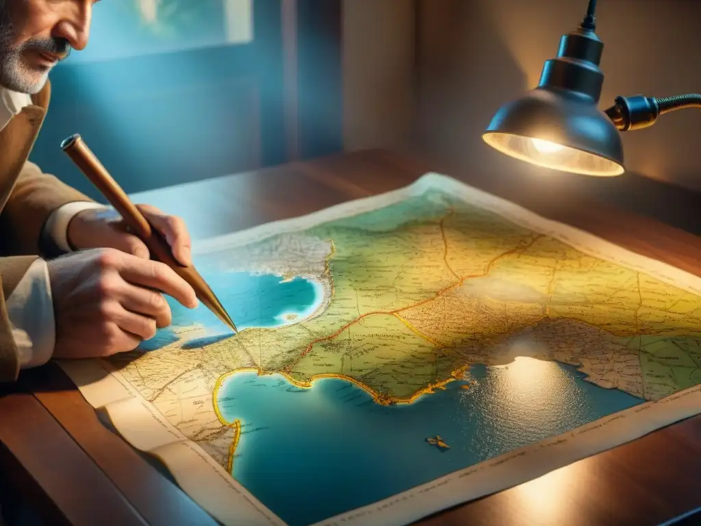 Experto restaurando mapas antiguos bajo luz cálida, fusionando tradición y tecnología en la evolución cartografía mapas digitales