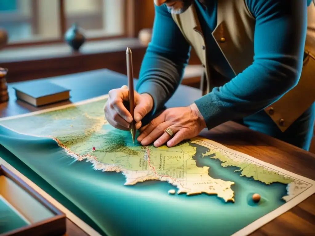 Experto en técnicas de reproducción de mapas restaura mapa antiguo con precisión, rodeado de libros y pergaminos en sepia