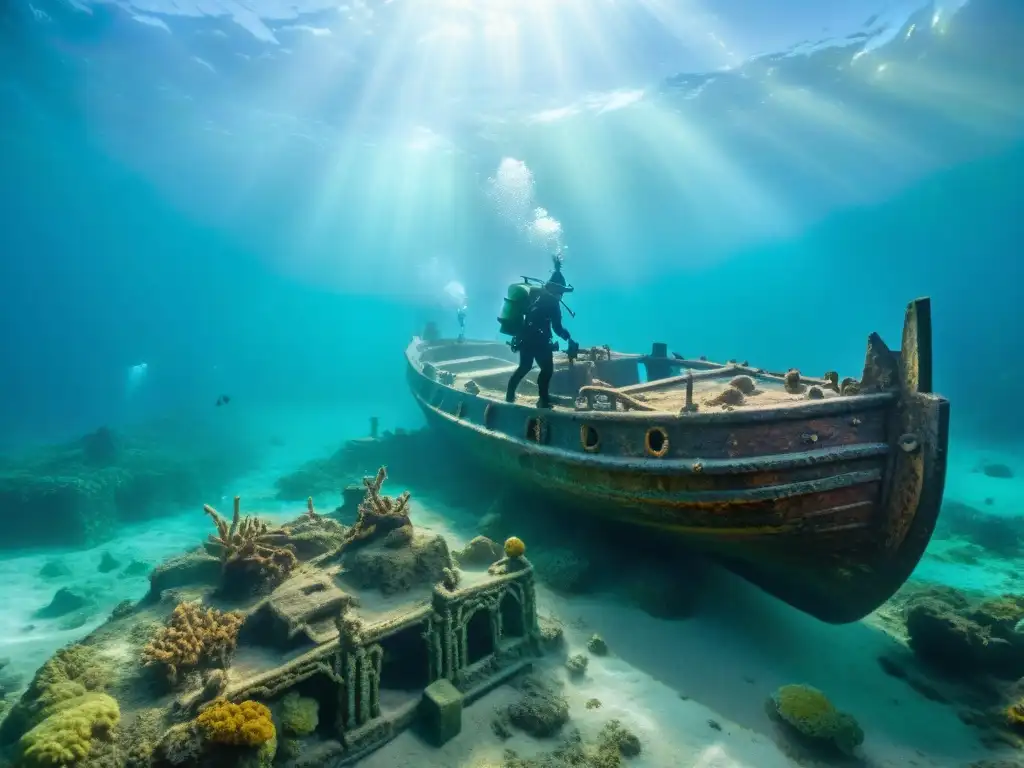 Exploración detallada de un barco antiguo en el fondo marino por arqueólogos submarinos, avances en cartografía submarina arqueología