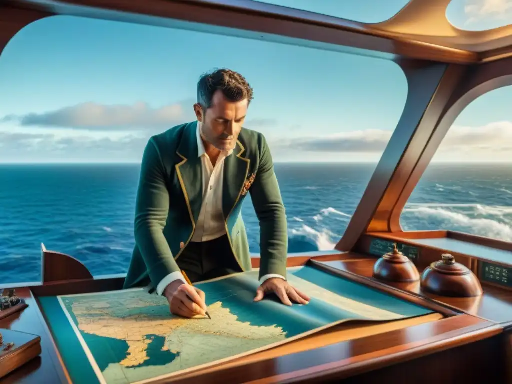 Exploración detallada de Matthew Flinders en su barco, con la costa australiana de fondo, evocando historia cartografía evolución técnicas