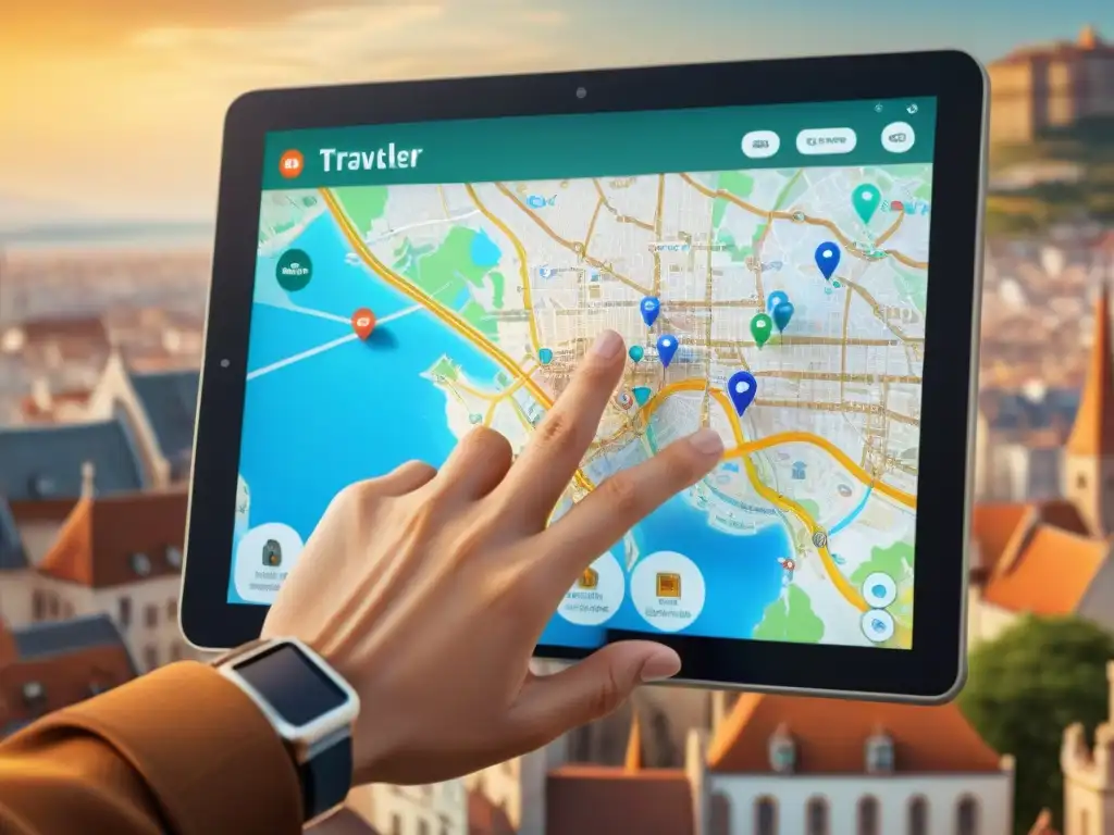 Exploración fascinante en mapa interactivo de ciudad en tablet de alta resolución