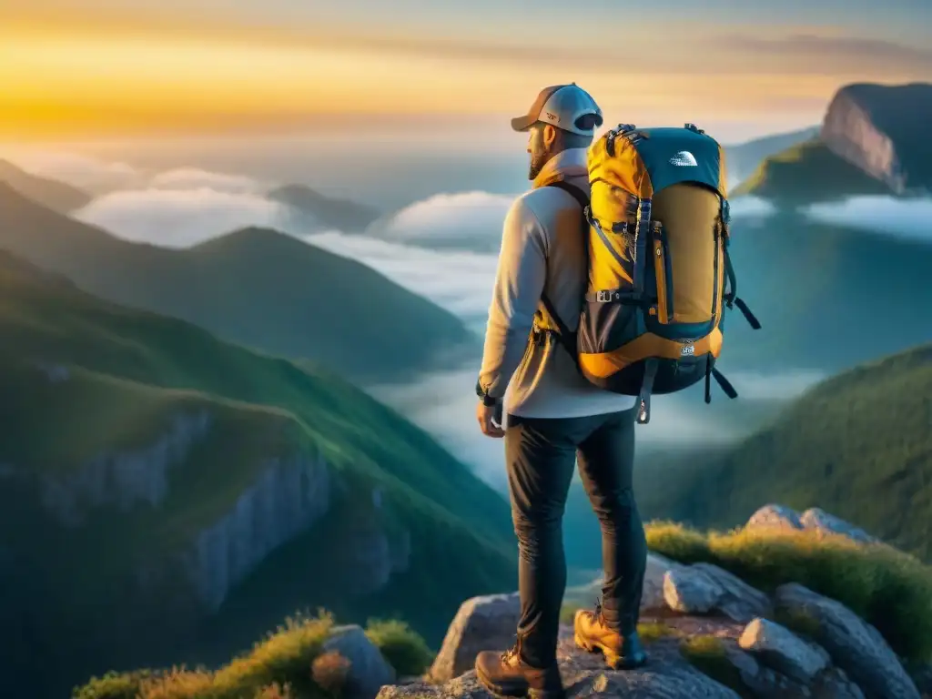 Un explorador en la cima de una montaña, con mochila técnica cómoda, admirando la naturaleza