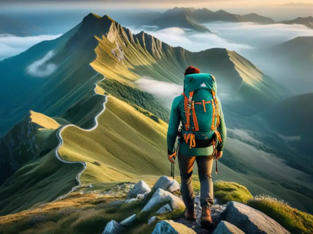 Un explorador en la cima de una montaña, con mochilas técnicas para exploradores cómodas, en medio de la naturaleza salvaje