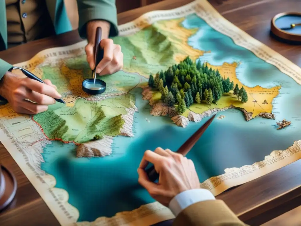 Explorador examina mapa antiguo con lupa en mesa de madera, simbolizando la importancia de la ética en la cartografía digital