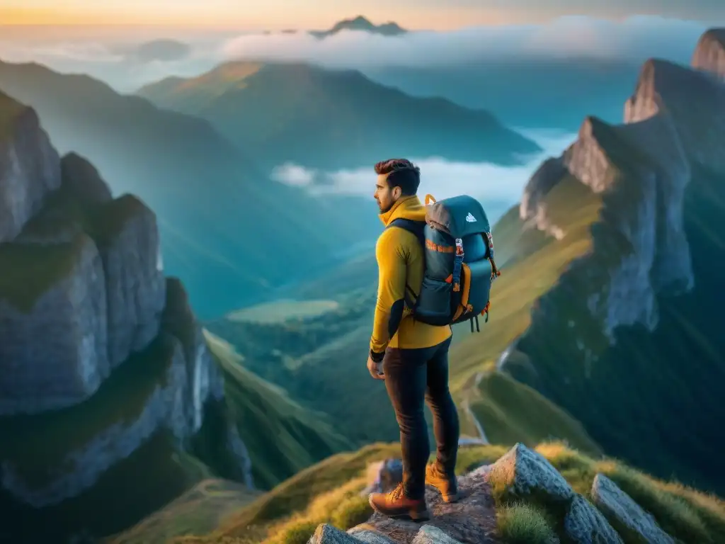 Un explorador moderno con mochila técnica perfectamente equilibrada, admirando un paisaje majestuoso