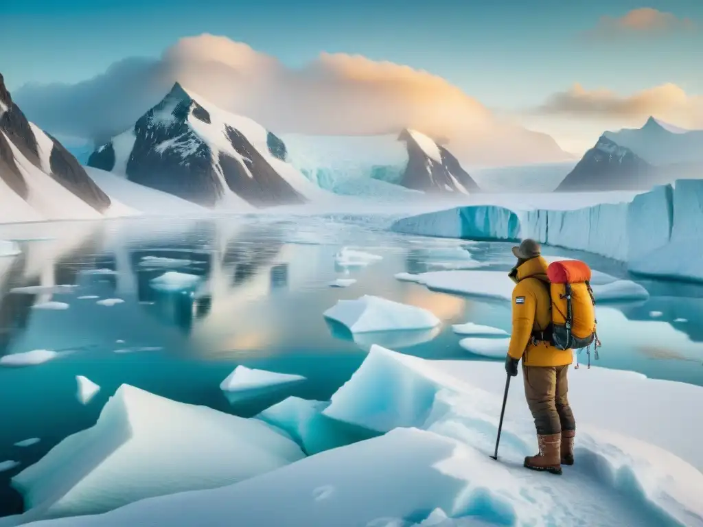 Un explorador del siglo XX en un paisaje polar helado, con mapas antiguos