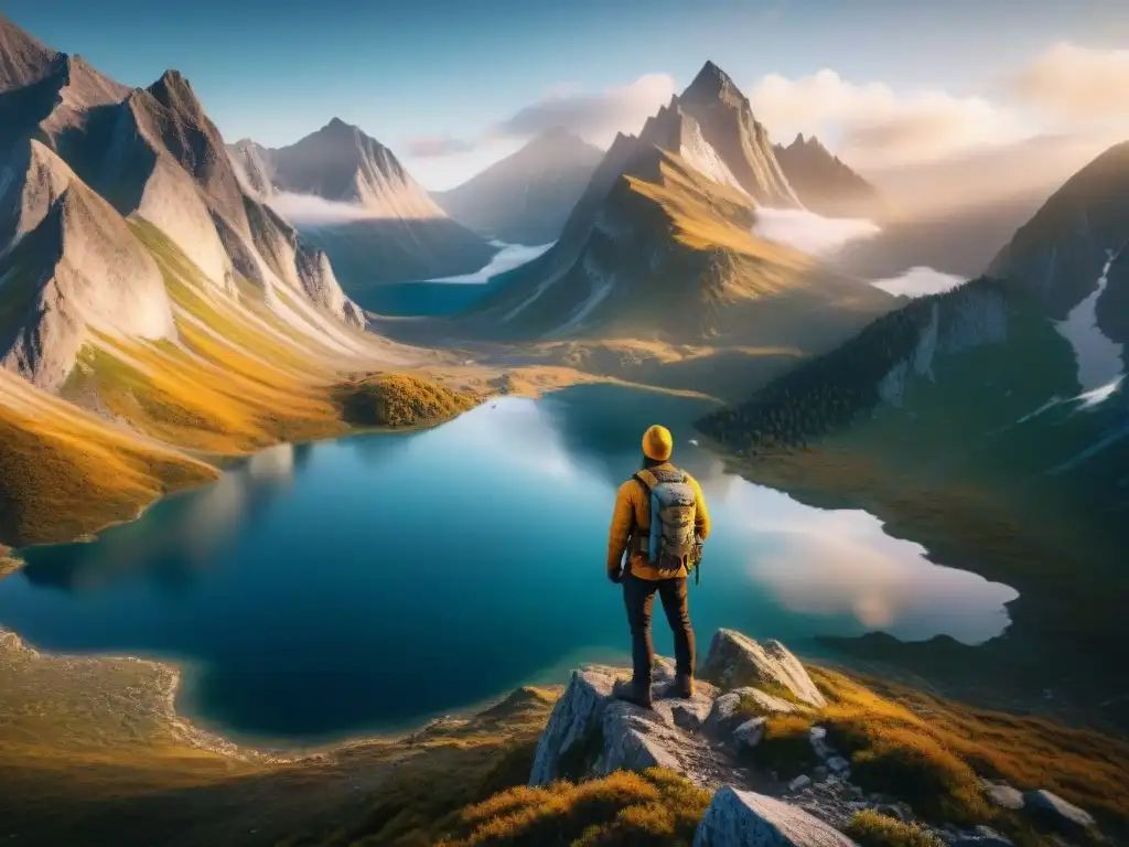 Un explorador solitario contempla la importancia de los sistemas de filtración de agua en un impresionante paisaje de montañas y lago al atardecer