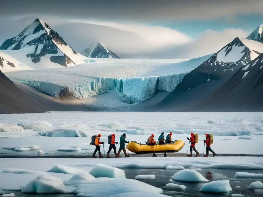 Exploradores antiguos cruzan paisaje polar con montañas nevadas