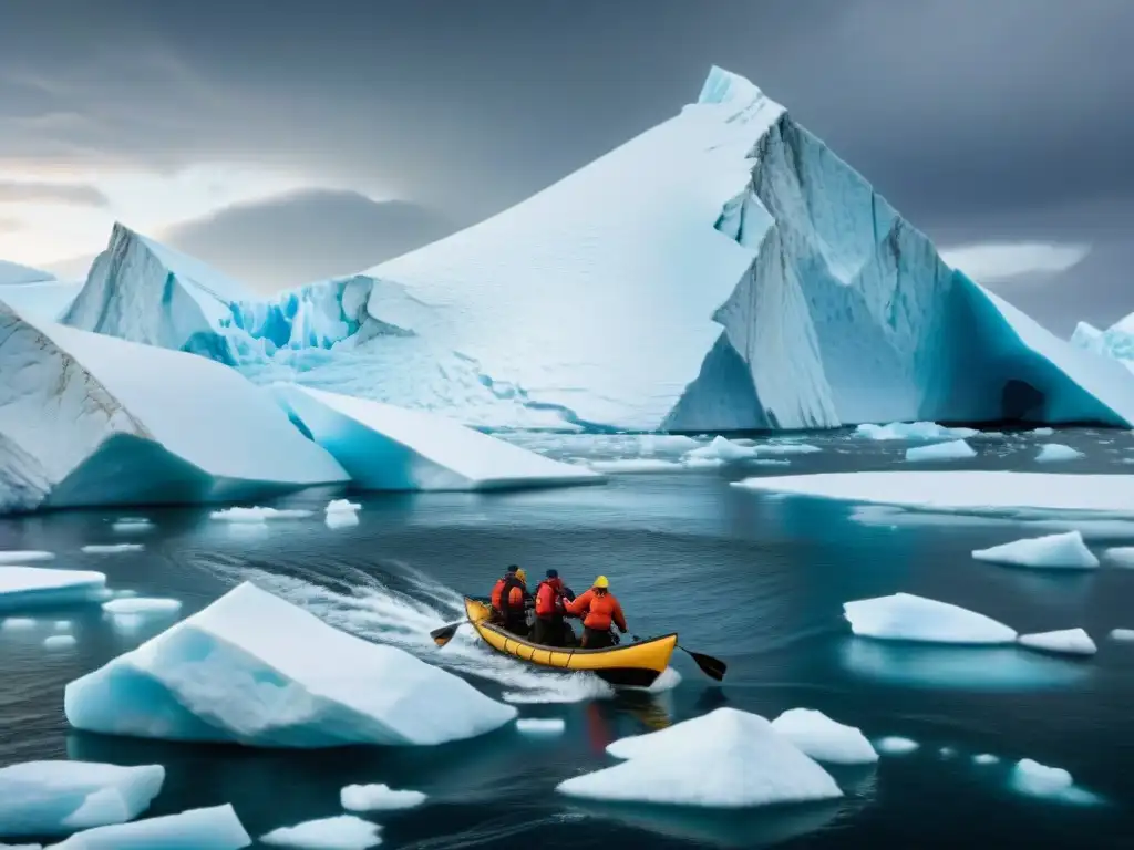 Exploradores en expedición ártica, enfrentando peligros entre icebergs en dramático paisaje