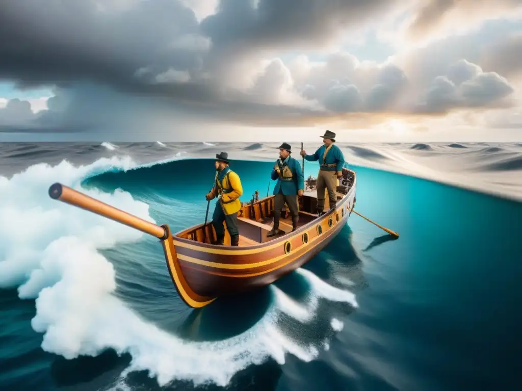 Exploradores cartografiando el fondo marino en un barco histórico Exploradores cartografían el fondo marino en un barco histórico, bajo un cielo dramático