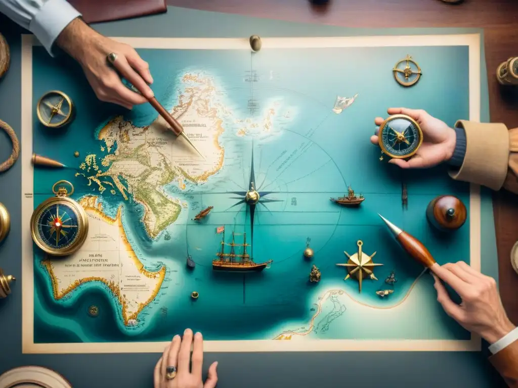 Exploradores cartografiando el fondo marino: una escena histórica detallada Exploradores cartografían el fondo marino con herramientas antiguas y mapas envejecidos