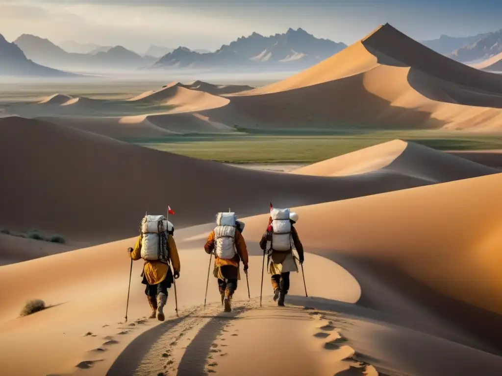 Exploradores y cartógrafos en el Desierto de Gobi, documentando su viaje histórico