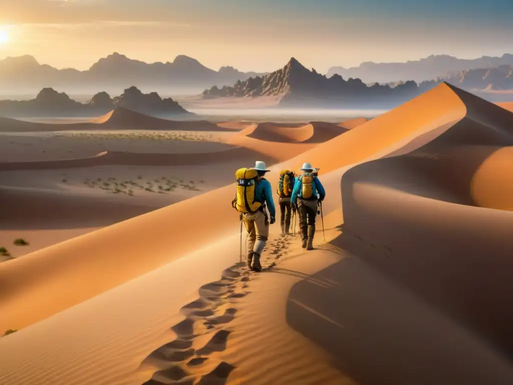 Exploradores en el desierto, destacando la importancia de los sistemas de filtración de agua en la exploración