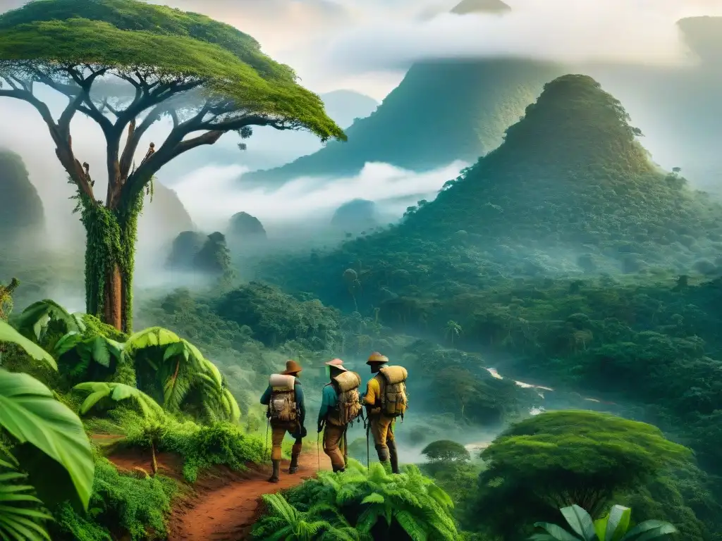 Exploradores en expediciones cartográficas en África, atravesando la selva con equipo tradicional