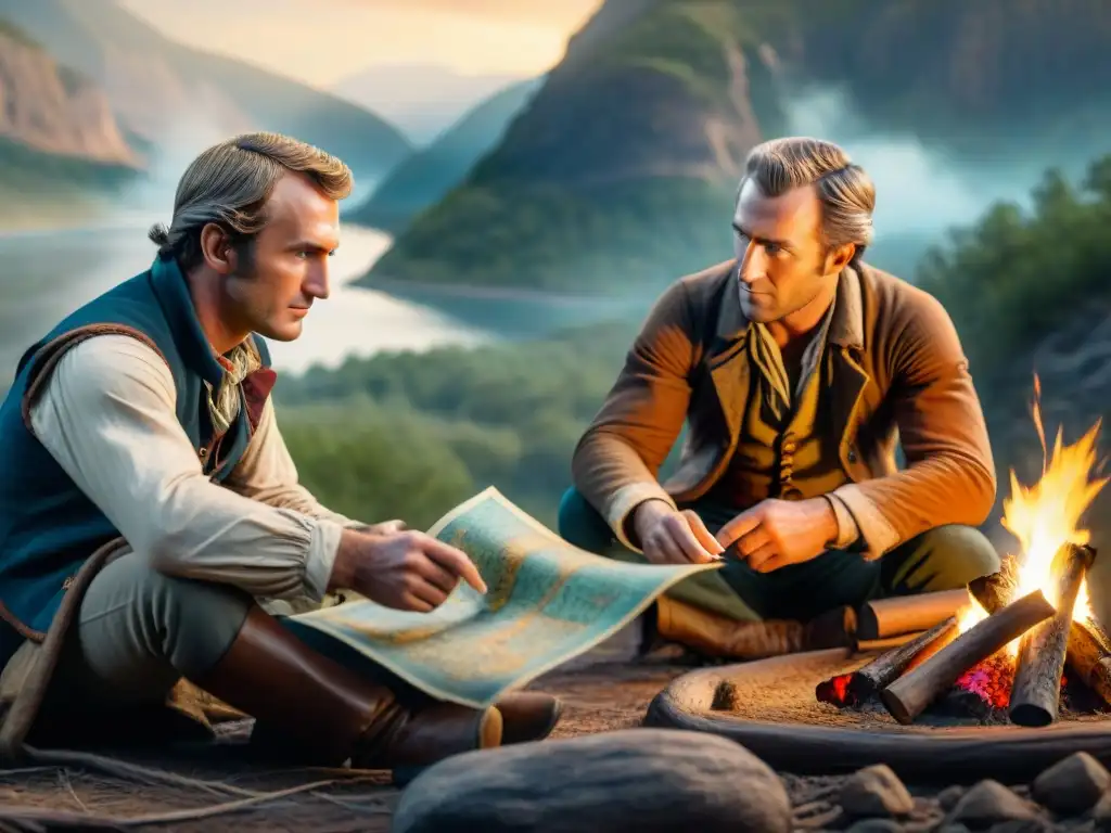 Exploradores Lewis y Clark estudian cartografía histórica junto a fogata en la naturaleza