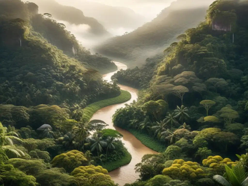 Un exuberante bosque lluvioso con un río serpenteante, destacando la biodiversidad