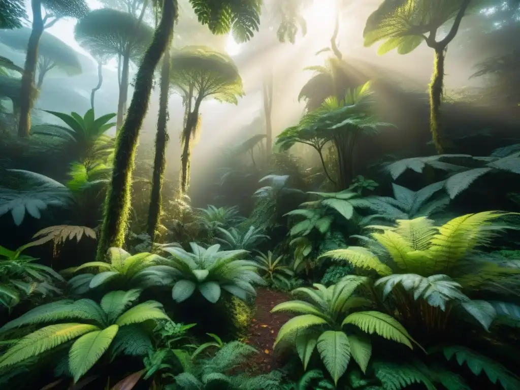 Un exuberante bosque tropical con árboles gigantes entrelazados, vida animal y vegetación variada