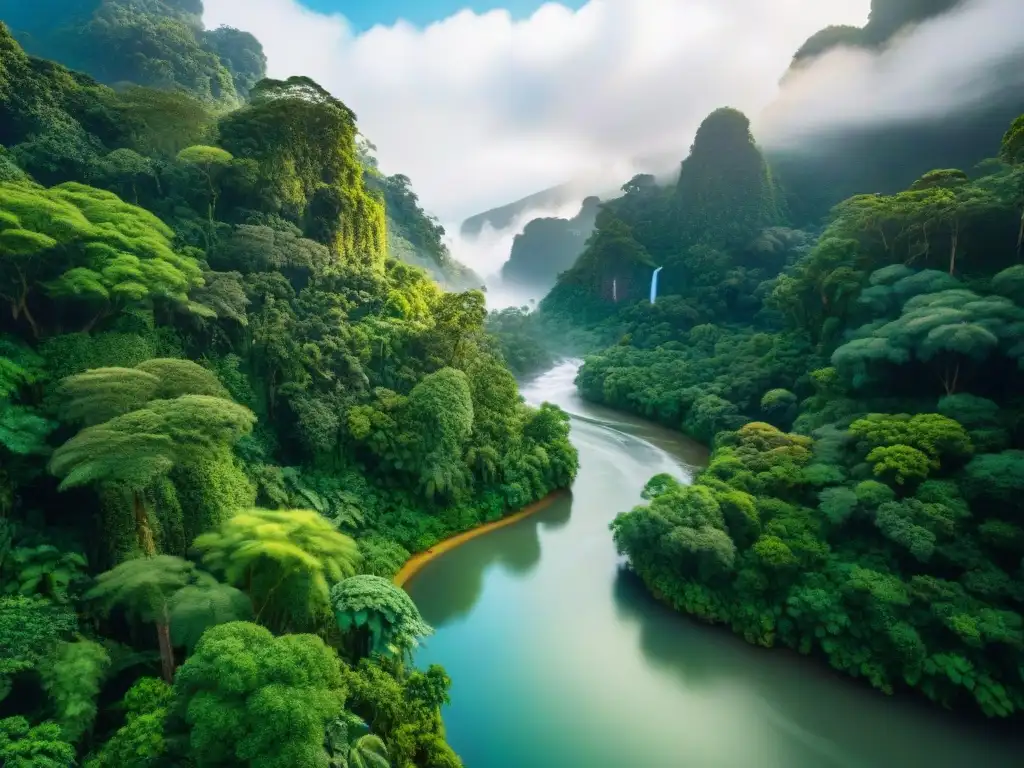 Un exuberante bosque tropical con río sereno y vida silvestre diversa