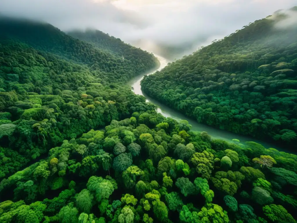 Un exuberante bosque tropical visto desde arriba en sepia, con un patrón de dosel intrincado y ríos serpenteantes