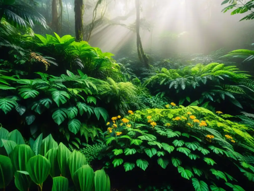 Un exuberante dosel de selva con luz filtrada, mostrando biodiversidad y belleza