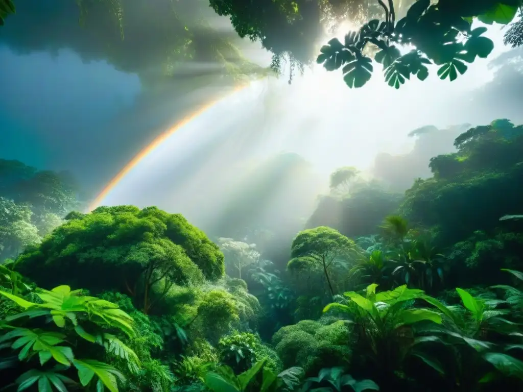 Un exuberante dosel de selva tropical con rayos de sol filtrándose entre las frondosas hojas verdes y aves tropicales coloridas